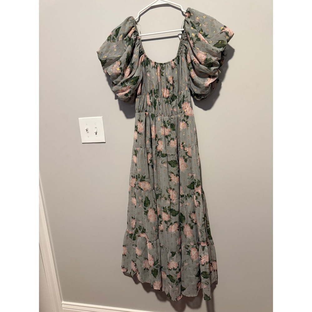 Altar'd State Sage Green Floral Gold Metallic Smocked Puff Sleeve Maxi Dress S